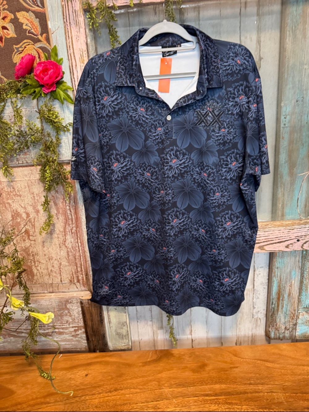 Dos Equis Floral Polo Shirt Mens XL Navy Performance Golf Logo